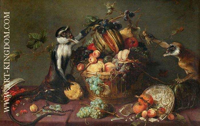 Two monkeys looting a fruit basket