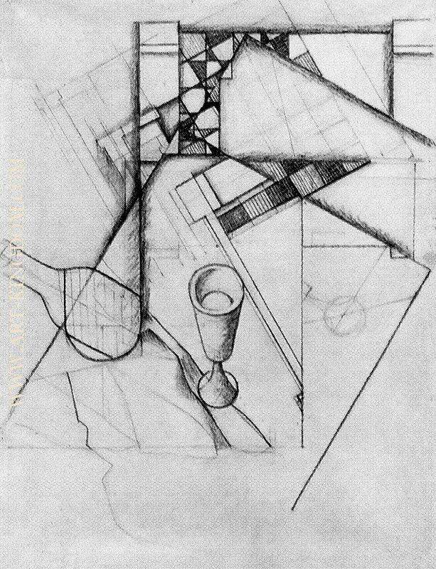 Nature morte avec verre et damier dessin recto verso 