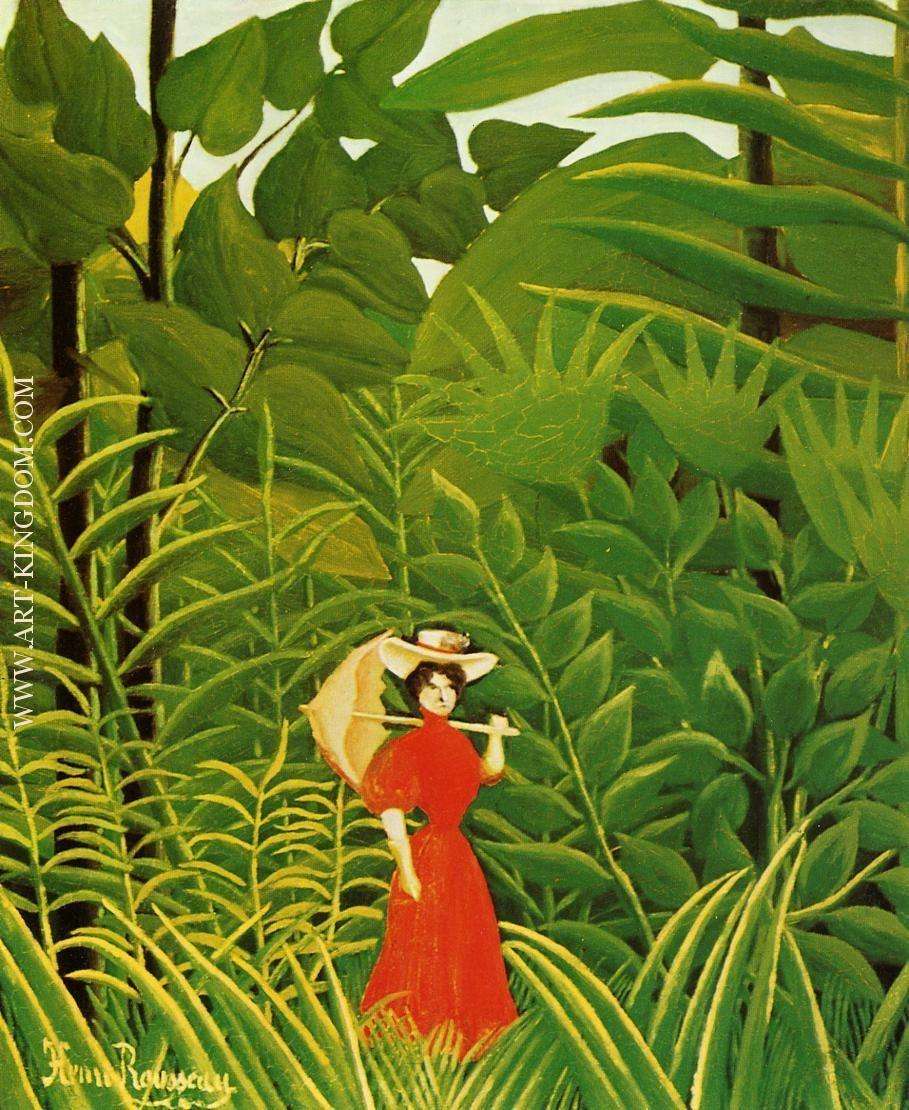 Woman with an Umbrella in an Exotic Forest