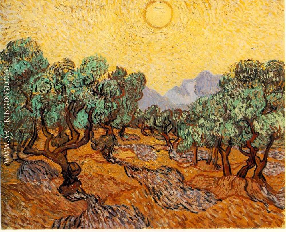 Olive Trees with Yellow Sky and Sun