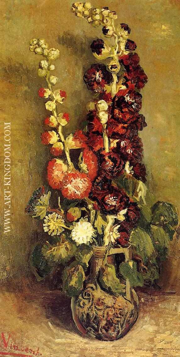 Vase with Hollyhocks