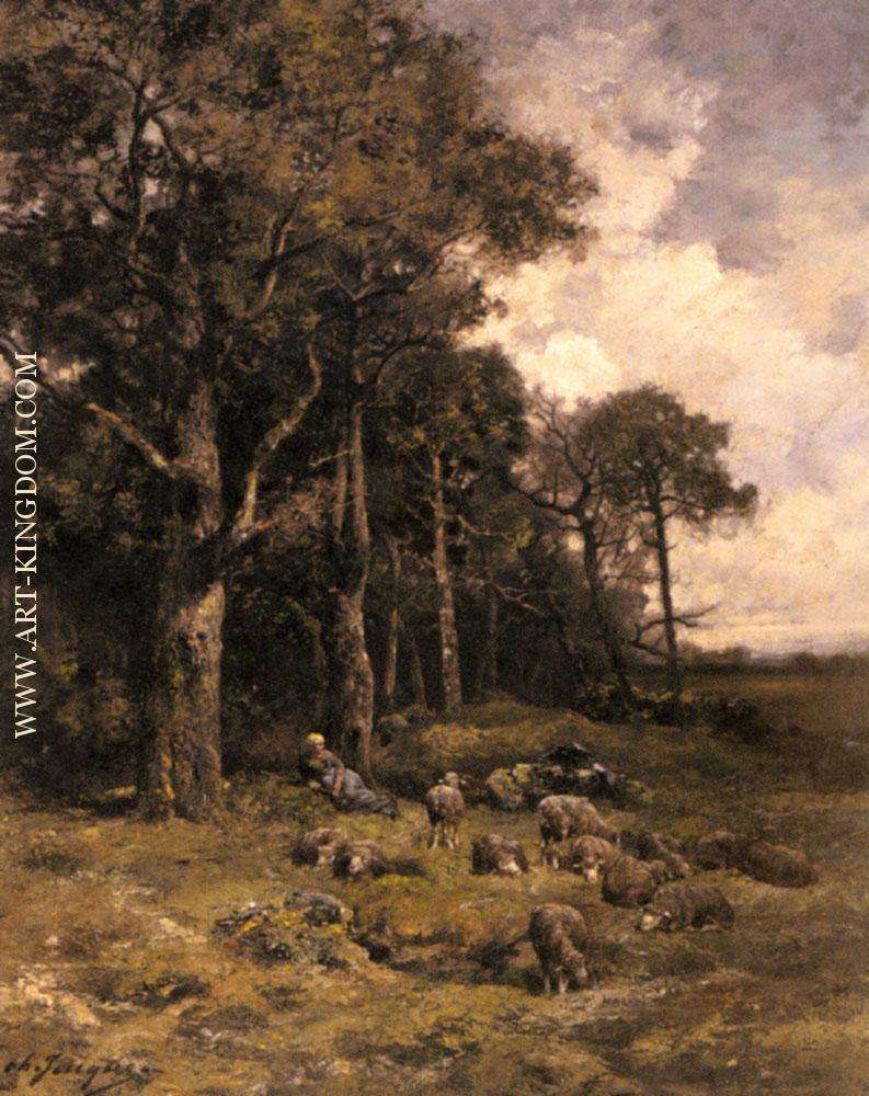 Shepherdess Resting With Her Flock