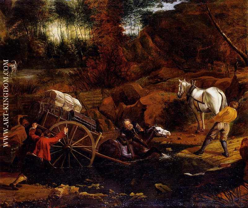 Figures With A Cart And Horses Fording A Stream