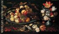 A still life of apples grapes and peaches in a blue and white porcelain bowl a bouquet of tulips 