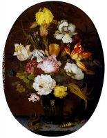 A Still life of roses irises tulips narcissi and other flowers in a glass vase with gilt mounts 