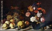 A Still Life of Fruit Flowers and Shells with a Lizard Caterpillar and Dragonfly