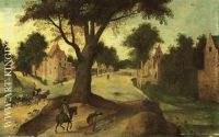 A Wooded Landscape With Travellers Entering A Town