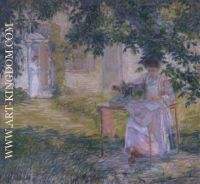 Woman sewing under a tree