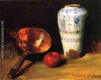 Still Life with China Vase Copper Pot an Apple and a Bunch of Grapes