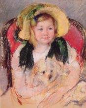 Sara with Her Dog in an Armchair Wearing a Bonnet with a Plum Ornament