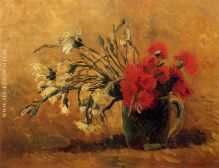 Vase with Red and White Carnations on a Yellow Background