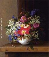 Still Life with Dog Roses Larkspur and Bell Flowers in a White Cup