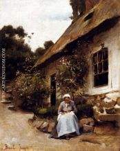 Woman Sewing In Front Of Her Cottage