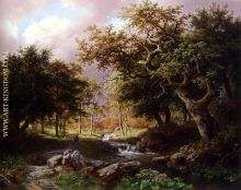 A Wooded Landscape With Figures Along A Stream