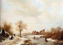 A Winter Landscape With Skaters On A Frozen Waterway And Peasants By A Farm In The Foreground