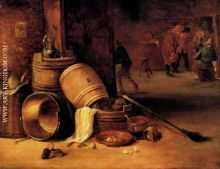 An Interior Scene With Pots Barrels Baskets Onions And Cabbages