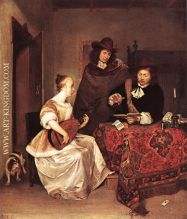 A Young Woman Playing A Theorbo To Two Men