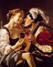 A Luteplayer Carousing With A Young Woman Holding A Roemer