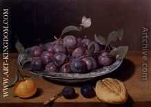 Still Life Of A Plate Of Plums And A Loaf Of Bread