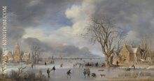 A winter landscape with skaters and kolf players on a frozen river