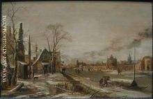 A Village Scene in Winter with a Frozen River