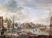 A Frozen River near a Village, with Golfers and Skaters