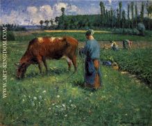 Girl Tending a Cow in a Pasture