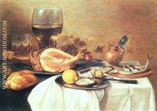 A ham, a herring, oysters, a lemon, bread, onions, grapes and a roemer