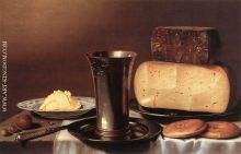 Still life with Glass, Cheese, Butter and Cake