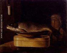 Still Life Of A carp In A Bowl Placed On A Wooden Box