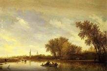 A River Landscape with Boats and Chateau