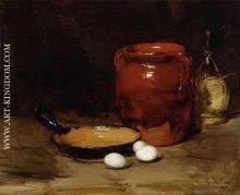 Still Life with a Pen, Jug, Bottle and Eggs on a Table