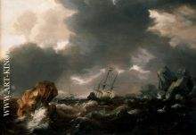 A Dutch Merchant Ship Running Between Rocks in Rough Weather