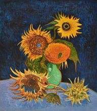 Still Life Vase with Five Sunflowers